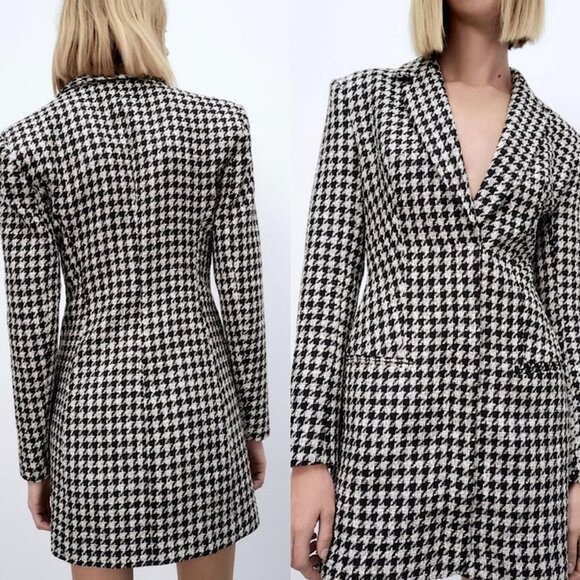 Zara Structured Houndstooth Tweed Blazer Dress Black/White - Picture 6 of 6